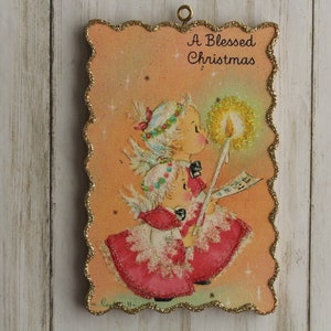 Sweet Angels * Christmas Tree Ornament * Vintage Card Image * Wood and Glitter * Holiday Decoration C843