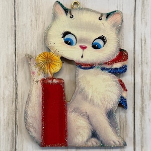 Cat with Firecracker ~ Patriotic 4th of July Ornament ~ Vintage Card Image ~ Glitter and Wood ~ Holiday Tree Decoration