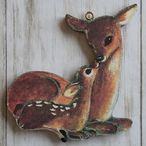 Mama Deer and Fawn * Christmas Tree Ornament * Vintage Card Image * Wood and Glitter * Holiday Decoration C169