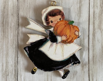 Pilgrim Girl with Pumpkin ~ Glittered Thanksgiving Ornament ~ Vintage Card Image ~ Wood and Glitter ~ Holiday Tree Decoration T