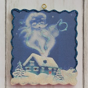 Santa in Chimney Smoke ~ Christmas Ornament ~ Vintage Card Image ~ Glitter and Wood ~ Holiday Tree Decoration C75