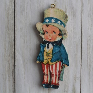 Boy in Red White and Blue ~ Patriotic 4th of July Ornament ~ Vintage Card Image ~ Glitter and Wood ~ Holiday Tree Decoration P29