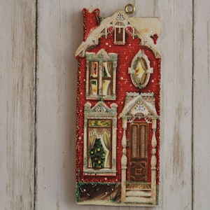 Brick House with Tree in Window ~ Christmas Ornament ~ Vintage Card Image ~ Glitter and Wood ~ Holiday Tree Decoration C648