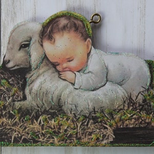 Baby Jesus and Lamb * Christmas Tree Ornament * Vintage Card Image * Wood and Glitter * Holiday Decoration C154
