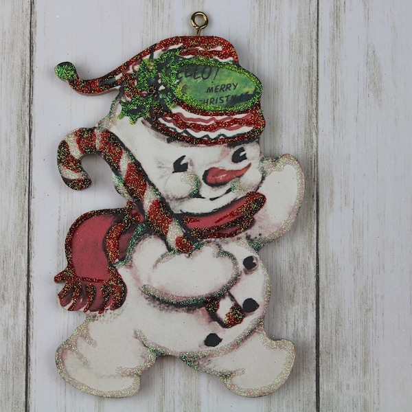 Snowman Walking with Candy Cane * Christmas Tree Ornament * Vintage Card Image * Wood and Glitter * Holiday Decoration C123