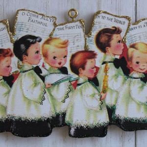 Choir Boys and Sheet Music * Christmas Tree Ornament * Vintage Card Image * Wood and Glitter * Holiday Decoration C254