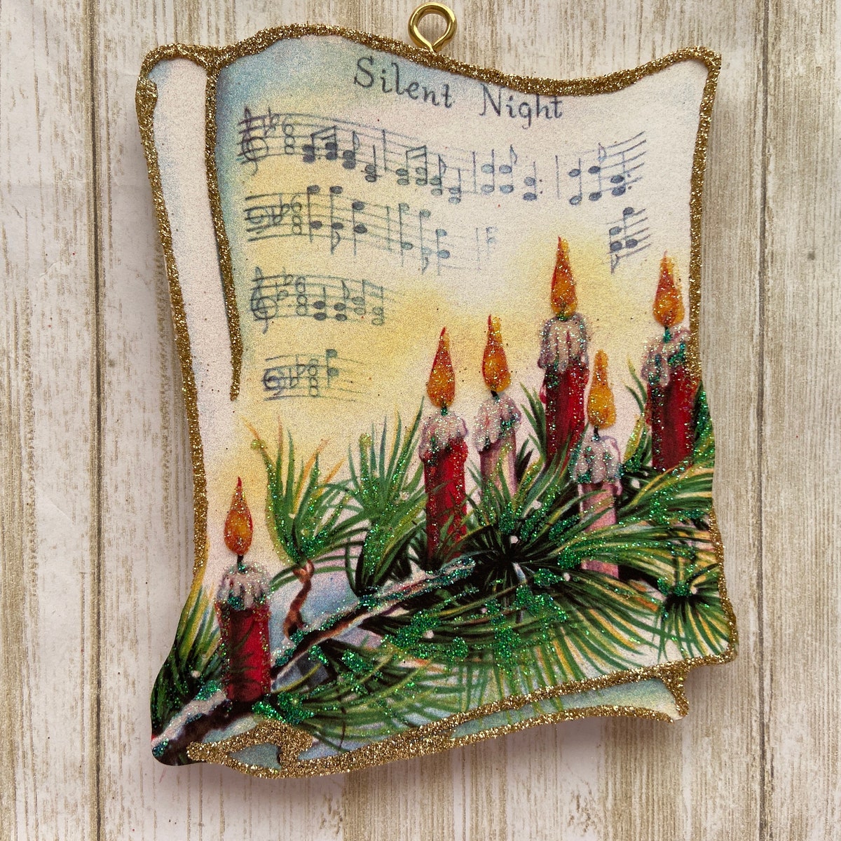 Silent Night Sheet Music and Candles ~ Christmas Ornament ~ Vintage Card Image ~ Glitter and Wood ~ Holiday Tree Decoration C1185 - Etsy
