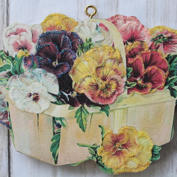 Pansies in Basket ~ Floral Ornament ~ Vintage Card Image ~ Glitter and Wood ~ Holiday Tree Decoration