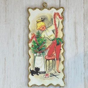 Christmas Lady #17 ~ Christmas Ornament ~ Vintage Card Image ~ Glitter and Wood ~ Holiday Tree Decoration C595
