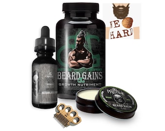 Faster Beard Growth Kit | Fuller Beard, No More Patches! - Balm, Oil, Mini Comb/Mustache Comb, 90ct Growth Vitamins