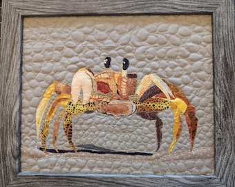 Framed Crab Quilt with Original Art by Mary Pascoe; "Shelldon"; 12in x 10in