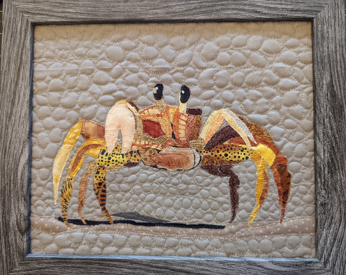 Framed Crab Quilt with Original Art by Mary Pascoe; "Shelldon"; 12in x 10in