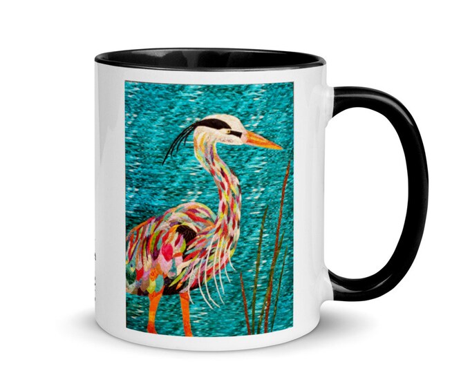 Heron Mug with Original Quilt Arty by Mary Pascoe