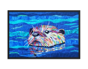 Framed Otter Print with Original Quilt Art by Mary Pascoe