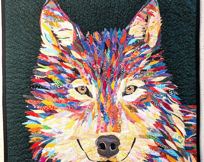 Wolf quilt;  26in x 26in; unique original art by Mary Pascoe