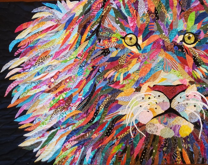 Framed Lion Art Quilt - 30in x 20in;  Unique Art by Mary Pascoe
