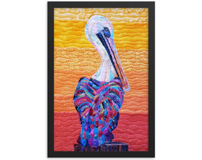 Framed Pelican Print with Original Quilt Art by Mary Pascoe