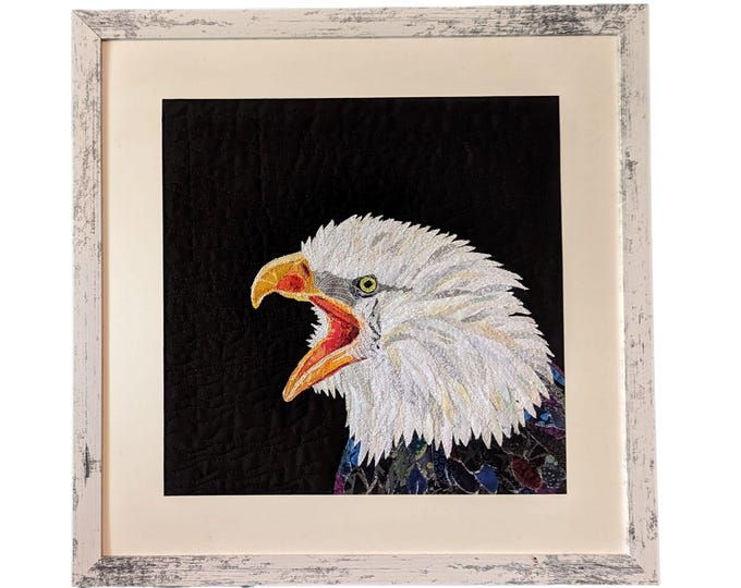 Framed Eagle Art Quilt, 18 x 18 Inches; Unique Quilted Bird Portrait by Mary Pascoe