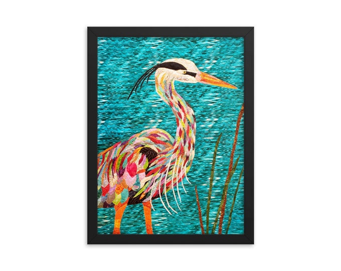 Framed Heron Print with Original Quilt Art by Mary Pascoe;