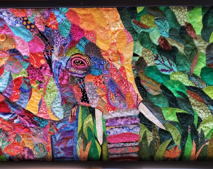 Framed Elephant Quilt; 30" x 20", Original Art by Mary Pascoe