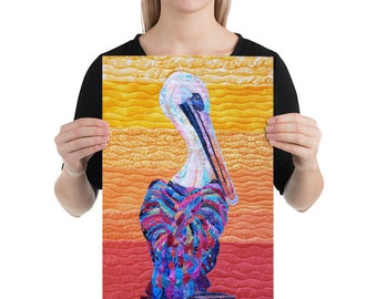 Unframed Pelican Print with Original Quilt Art by Mary Pascoe