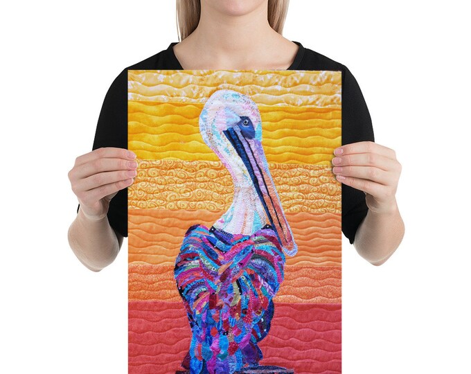 Unframed Pelican Print with Original Quilt Art by Mary Pascoe