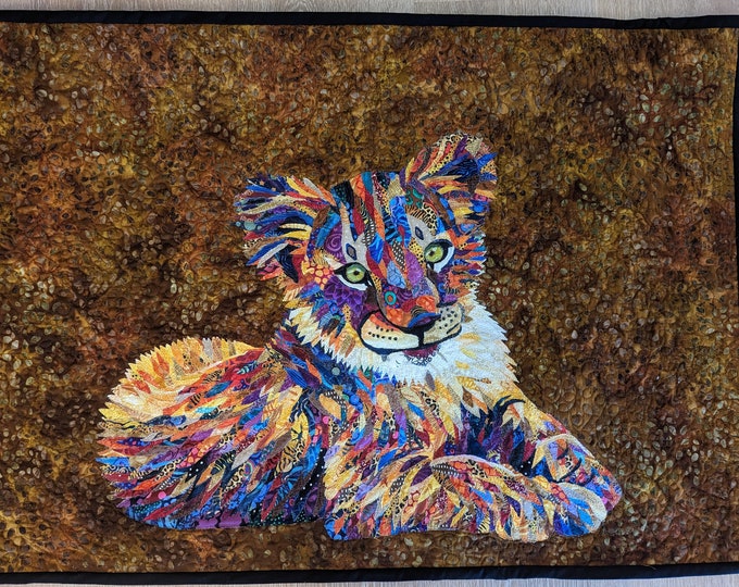 Lion Cub "Kimba" Art Quilt  36in x 26in Original Art Wall Hanging by Mary Pascoe