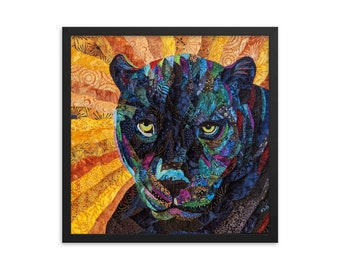 Framed Black Panther Print with Original Quilt Art by Mary Pascoe