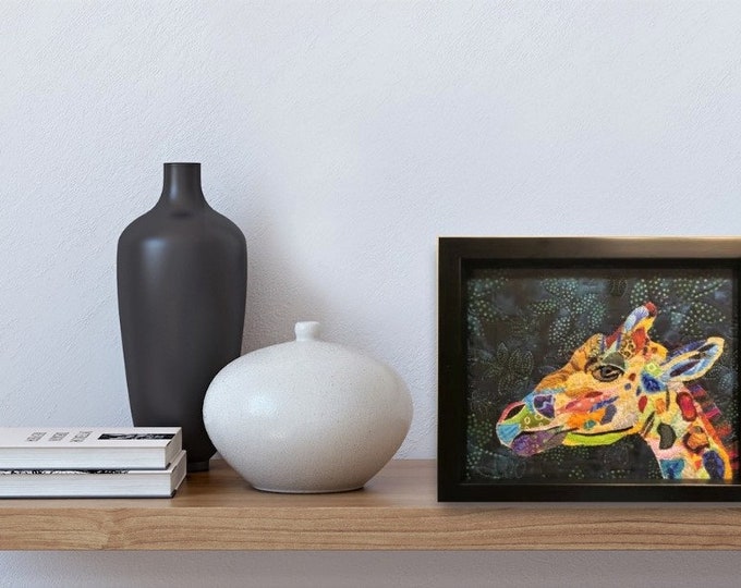 Framed giraffe quilt art; 8in x 12in; original quilt art by Mary Pascoe