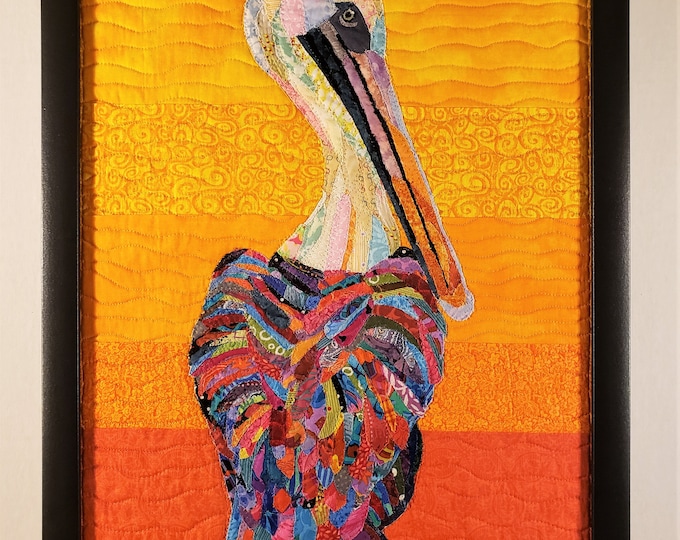 Framed Pelican Sunset Quilt; Original art by Mary Pascoe