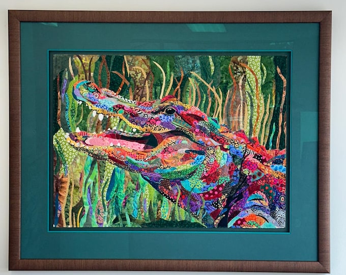 Framed Alligator Art Quilt; 36 in x 28.5 in; Original Design by Mary Pascoe