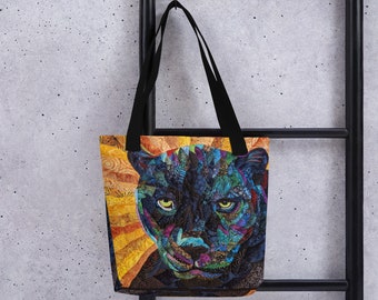 Black Panther Tote Bag with Original Quilt Art by Mary Pascoe