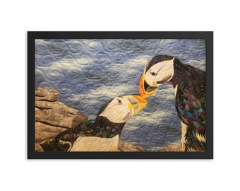 Framed Puffin Print (18in x 12in) With Original Quilt Art by Mary Pascoe