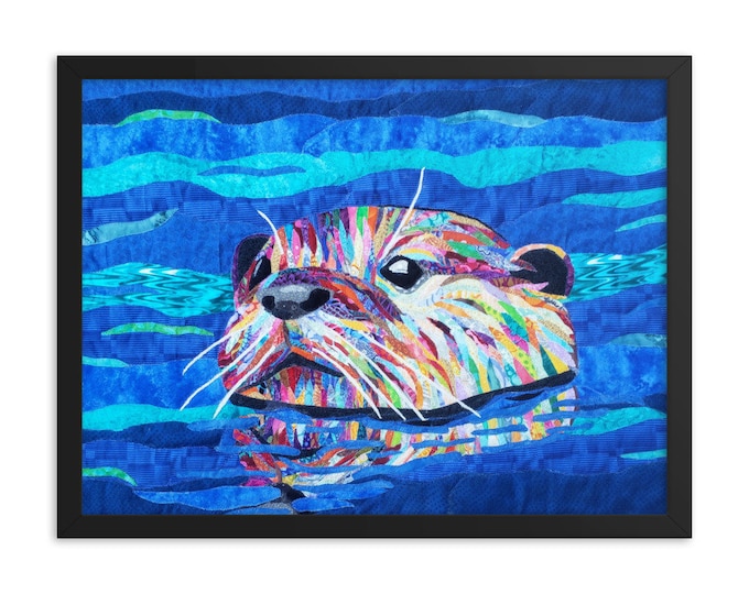 Framed Otter Print with Original Quilt Art by Mary Pascoe