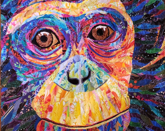 Framed Chimp Art Quilt; 24 in x 20 in; Original design by Mary Pascoe