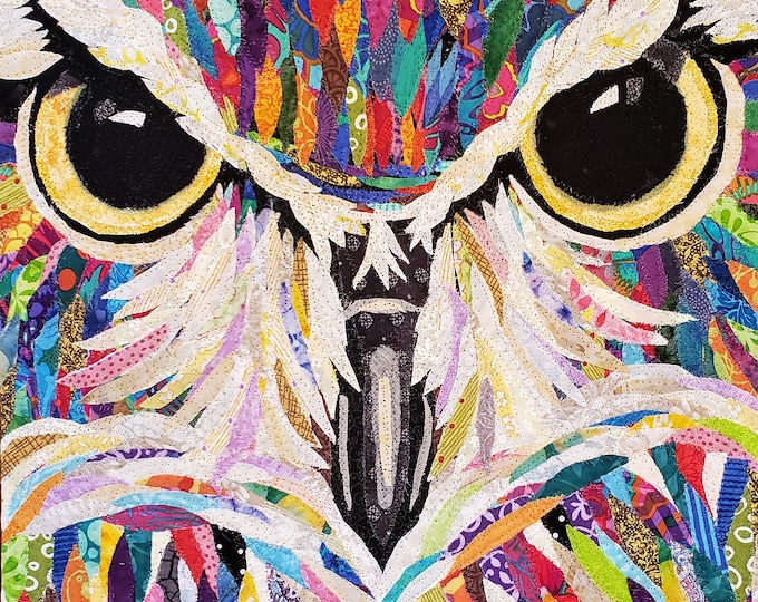 Handmade framed owl quilt, quilted wall art, all cotton fabric, 21" x 13", great horned owl, unique art by Mary Pascoe