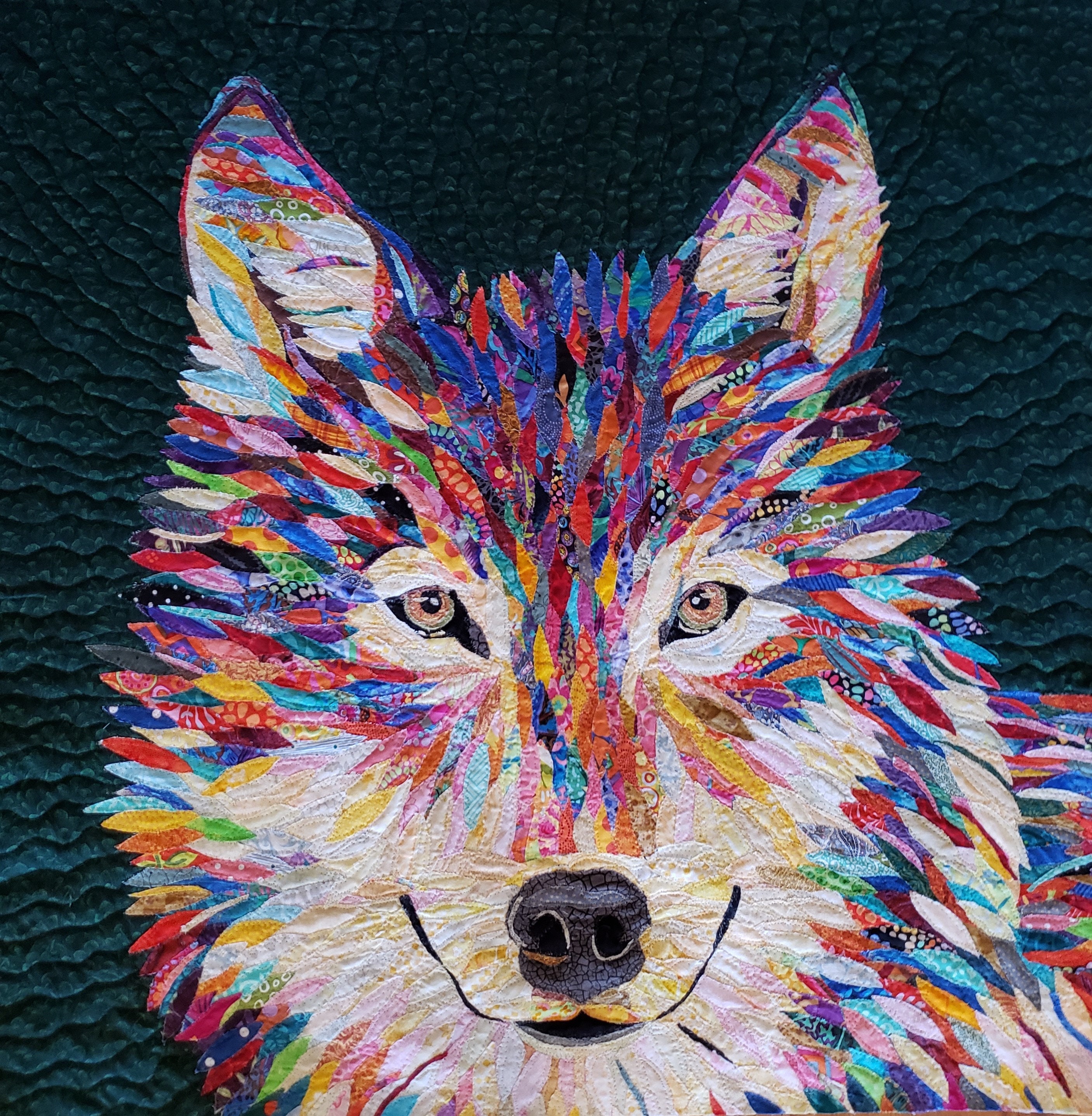 Framed Wolf quilt art; 26in x 26in; wolf gift; colorful wolf; collage