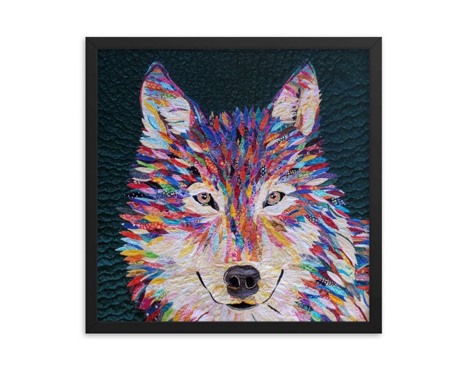 Framed Wolf Print with Original Quilt Art by Mary Pascoe