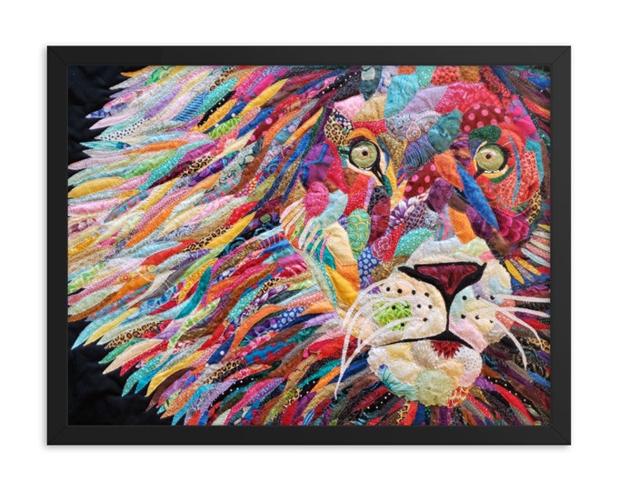 Framed Lion Print with Original Quilt Art by Mary Pascoe
