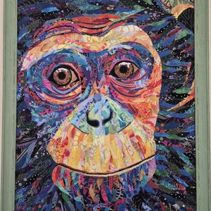 Framed Chimp ("Lewie") Art Quilt; 27 in x 23 in; Original design by Mary Pascoe