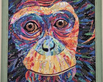 Framed Chimp ("Lewie") Art Quilt; 27 in x 23 in; Original design by Mary Pascoe