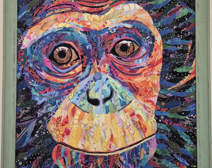 Framed Chimp ("Lewie") Art Quilt; 27 in x 23 in; Original design by Mary Pascoe