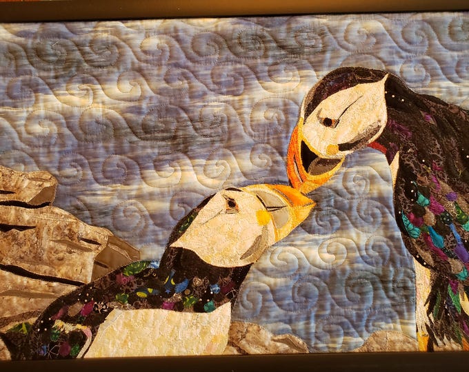 Framed Puffin Quilt; 24 in x 16 in; Original Unique Art Quilt by Mary Pascoe