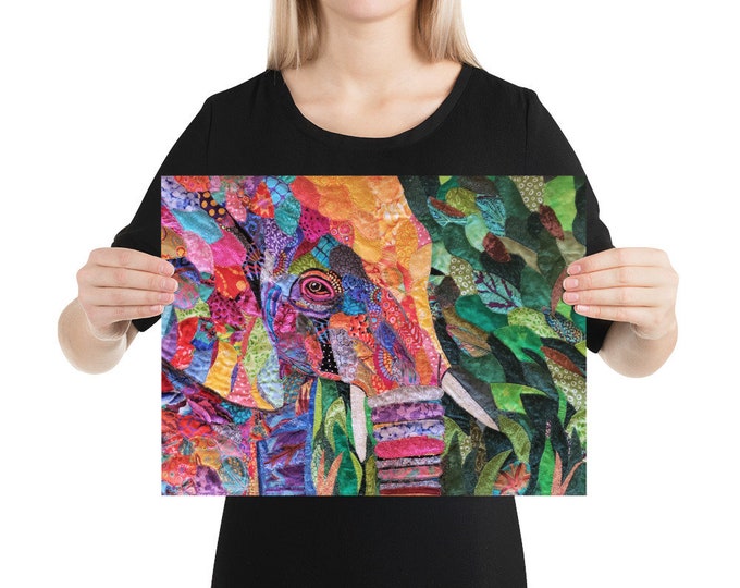 Unframed Elephant Print From an Original Art Quilt by Mary Pascoe; Giclée printing quality
