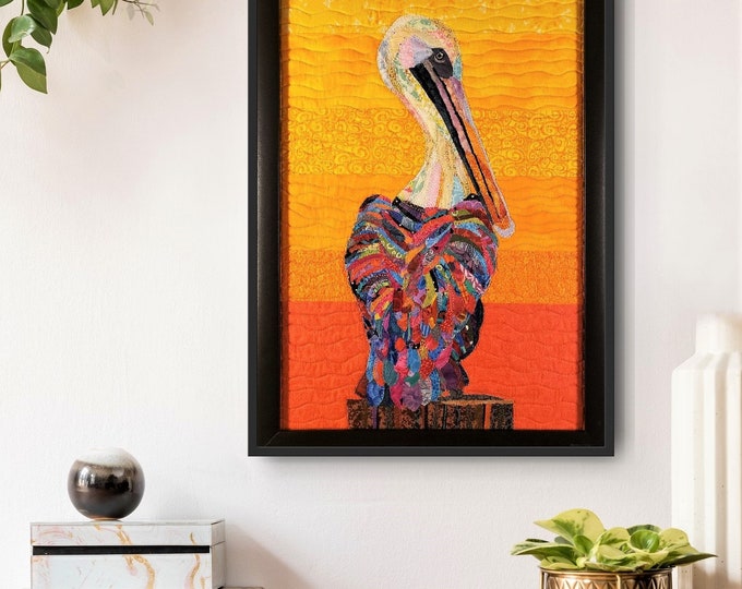 Framed Pelican Sunset Quilt; Original art by Mary Pascoe