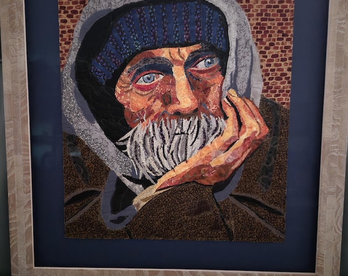 Lonely Joe; Framed 22 in x 25 in Original Textile Art by Mary Pascoe