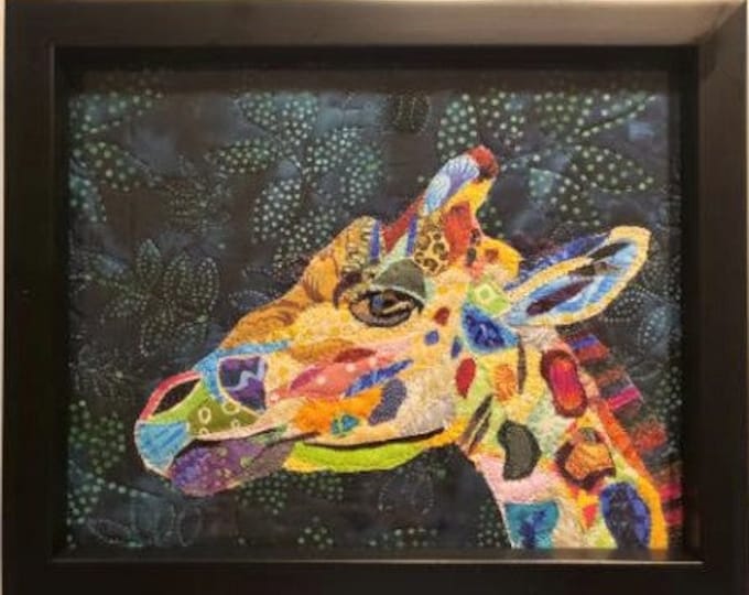 Framed giraffe quilt art; 8in x 12in; original quilt art by Mary Pascoe