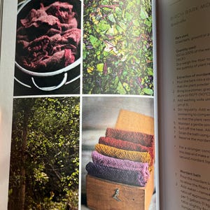 May include: A page from a book on natural dyeing, featuring four images. One shows a pot of dyed fabric, another shows green leaves, a third shows a forest, and the last shows a wooden box with colorful, woven fabric.