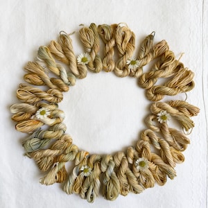Può includere: Una ghirlanda circolare composta da matasse di filo da ricamo beige e marrone chiaro, adornata da piccole margherite bianche. Il filo è disposto in un anello continuo, creando un'estetica naturale e rustica. Lo sfondo è una superficie bianca strutturata.
