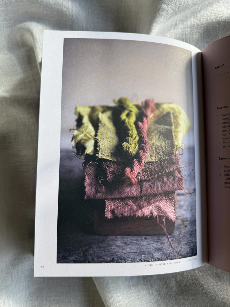 May include: A stack of colorful fabric swatches in shades of green and pink, with frayed edges and textured surfaces. A pink and red yarn is draped over the top. The image is from a cookbook, with the text "ALONG THE PATHS, WILD PLANTS" at the bottom.